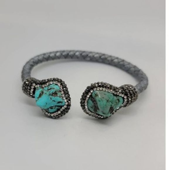 Turquoise & Round Crystal Woven Silver Cord Cuff - Picture 7 of 10